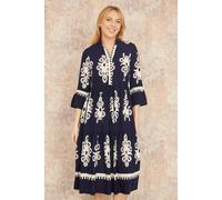 Yumi Navy Viscose Midi Dress with Long Sleeves (UK, Numeric, 8, Regular, Regular, Navy)