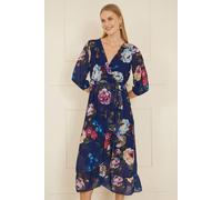 Yumi Women's Navy Watercolour Dip Hem Midi Wrap Dress | Size: 16 Yumi Navy 16