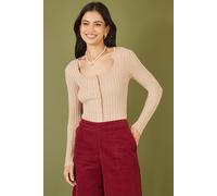 Yumi Women's Oatmeal Fitted Rib Button Up Cardigan in Beige | Size: Small Yumi Beige S