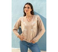 Yumi Women's Oatmeal Floral Embroidered V Neck Relaxed Knitted Jumper in Beige | Size: Medium Yumi Beige M