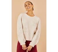 Yumi Oatmeal Knitted Jumper With Floral Applique In Beige Beige L