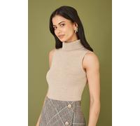 Yumi Women's Oatmeal Knitted Roll Neck Sleeveless Jumper in Beige | Size: Medium Yumi Beige M