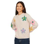 Yumi Oatmeal Relaxed Flower Embroidered Jumper