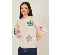 Yumi Women's Oatmeal Relaxed Flower Embroidered Jumper in Beige | Size: Large Yumi Beige L