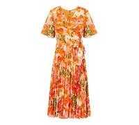 Yumi Orange Floral Midi Wrap Pleated Dress (UK, Numeric, 14, Regular, Regular, Orange)