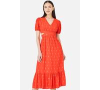 Yumi Orange Foil Print Viscose Cut Out Midi Dress In Tangerine Tangerine