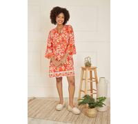 Yumi Orange Ikat Print 3/4 Sleeve Tunic Dress Orange
