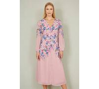 Yumi Women's Pink Floral Placement Button Down Midi Dress With Long Sleeves | Size: 10 Yumi Pink 10