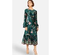 Yumi Printed Velvet Midi Frill Dress In Bottle Green Bottle Green