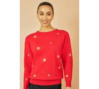 Yumi Women's Red Gold Foil Star Print Relaxed Fit Jumper | Size: Small Yumi Red S