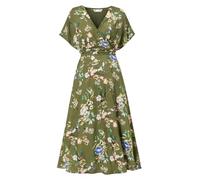 Yumi Sage Green Viscose Floral Print Midi Dress with Ruched Waist (UK, Numeric, 14, Regular, Regular, Sage Green)