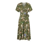 Yumi Sage Green Viscose Floral Print Midi Dress with Ruched Waist (UK, Numeric, 14, Regular, Regular, Sage Green)