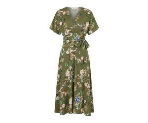 Yumi Sage Green Viscose Floral Print Midi Dress with Ruched Waist (UK, Numeric, 14, Regular, Regular, Sage Green)