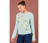 Yumi Sequin Snowflake Fluffy Jumper In Light Green Light Green