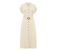 Yumi Stone Viscose Linen Look Midi Shirt Dress with Wooden Belt (UK, Numeric, 8, Regular, Regular, Cream)