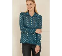 Yumi Teal Diamond Foil Print Top With Ruched Cuff Teal 14