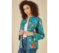 Yumi Teal Floral Print Reversible Cotton Quilted Jacket 8 Teal