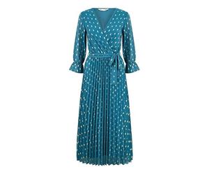 Yumi Teal Foil Printed Pleated Wrap Midi Dress (UK, Numeric, 12, Regular, Regular, Teal)