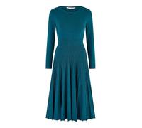 Yumi Teal Knitted Pleated Skater Dress with Notch Neckline (UK, Alpha, M, Regular, Regular, Teal)