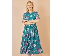 Yumi Teal Mesh Skater Floral Midi Dress Teal