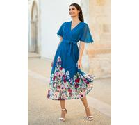 Yumi Teal Mesh Wrap Midi Dress With Floral Hem Border Teal 14