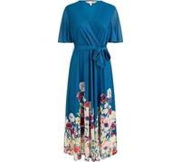 Yumi Teal Mesh Wrap Midi Dress with Floral Hem Border (UK, Numeric, 10, Regular, Regular, Teal)