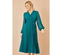Yumi Teal Pleated Wrap Midi Dress with Sheer Long Sleeves (UK, Numeric, 16, Regular, Regular, Teal)