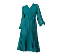 Yumi Teal Pleated Wrap Midi Dress with Sheer Long Sleeves (UK, Numeric, 14, Regular, Regular, Teal)