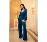 Yumi Teal Velvet Long Sleeve Jumpsuit Teal