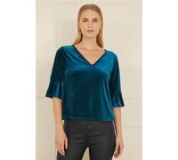 Yumi Women's Teal Velvet Relaxed Fit Top With Fluted Sleeves | Size: 10 Yumi Teal 10