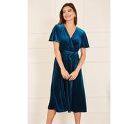 Yumi Teal Wrap Over Midi Dress With Angel Sleeves And Split Hem Teal 8