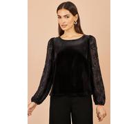 Yumi Velvet Lace Top With Tie Back In Black Black