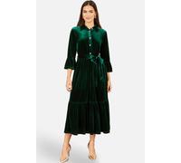 Yumi Velvet Midi Dress With Fluted Sleeves In Bottle Green Bottle Green