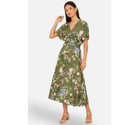 Yumi Sage Green Viscose Floral Print Midi Dress with Ruched Waist (UK, Numeric, 14, Regular, Regular, Sage Green)