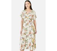 Yumi Viscose Floral Print Midi Dress With Ruched Waist In Warm White Warm White