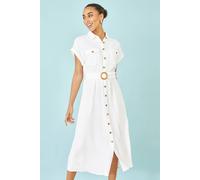 Yumi Women's Viscose Linen Look Midi Shirt Dress With Wooden Belt in White | Size: 14 Yumi White 14
