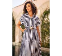 Yumi Women's White & Navy Stripe Print Relaxed Midi Shirt Dress With Belt | Size: 22 Yumi White 22