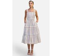 Yumi Women's White Botanical Stripe Midi Dress With Lace Trims | Size: 10 Yumi White 10