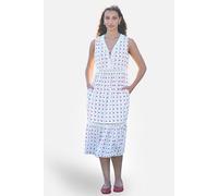 Yumi Women's White Cherry Print Lace Trim Cotton Midi Dress in Cool White | Size: 12 Yumi Cool White 12