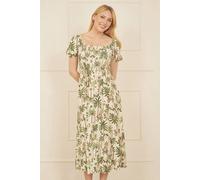 Yumi White Cotton Palm Print Ruched Midi Dress In Beige Beige 10