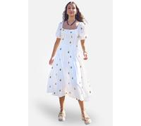 Yumi Women's White Cotton Sunflower Embroidered Midi Dress in Natural White | Size: 16 Yumi Natural White 16