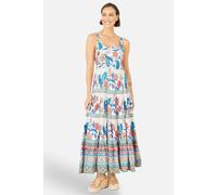 Yumi Women's White Floral Block Print Tiered Maxi Sun Dress in Turquoise | Size: 14
