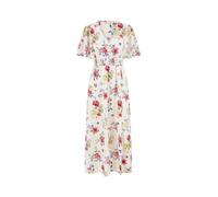 Yumi White Floral Recycled Fabric Ruched Waist Midi Dress (UK, Numeric, 12, Regular, Regular, Ivory)