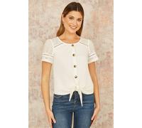 Yumi Women's White Jersey Button Detail T-Shirt With Broderie Anglaise Sleeves & Tie Front | Size: 14 Yumi White 14