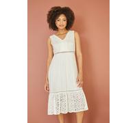 Yumi White Lace and Dobby Cotton Midi Sundress Dress S White