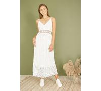 Yumi Women's White Lace Midi Sundress With Tassel Tie & Ruched Back | Size: Large Yumi White L