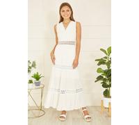 Yumi White Lace Trim Cotton Midi Sun Dress M White
