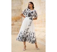 Yumi Women's White Mirror Floral Design Pleated Midi Dress | Size: 14 Yumi White 14
