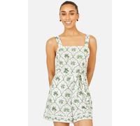 Yumi White Palm Print Cotton Playsuit In Off White Off White