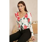 Yumi Women's White Rose Print Cardigan With Tie Front | Size: Large Yumi White L